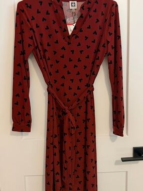 Anne Klein Burgundy Wrap Maxi Dress with Black Print